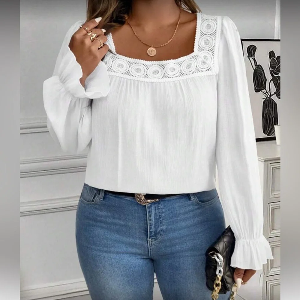 Elegant White  Lace Trim Women's Top